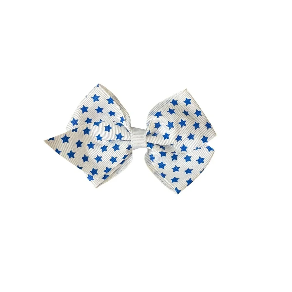 Girls White Blue Star Hair Bow 4 Inch Grosgrain Ribbon Alligator Clip Patriotic